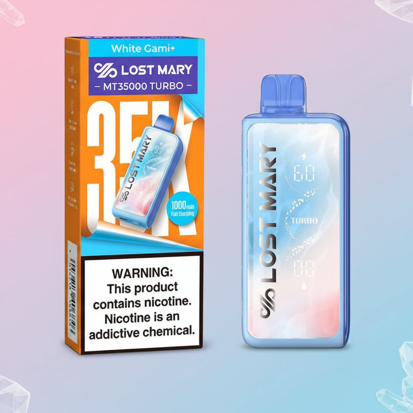 Lost Mary vape device and packaging with nicotine warning label