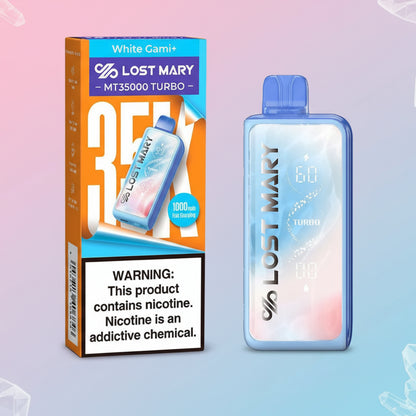 Lost Mary vape device and packaging with nicotine warning label