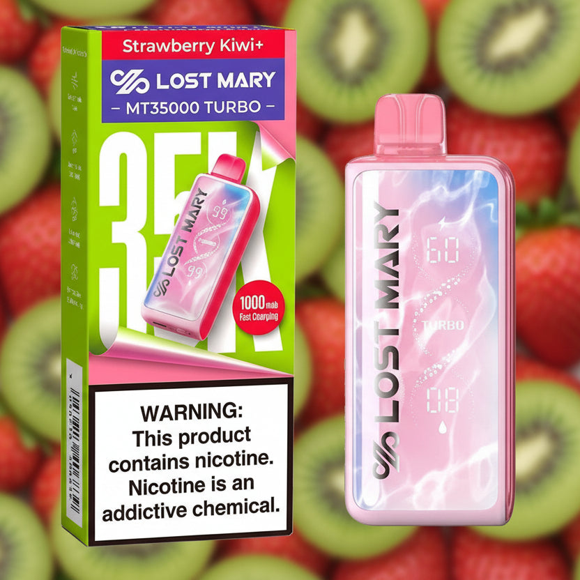 Lost Mary MT35000 Turbo vape device and packaging with strawberry kiwi flavor on a white background.