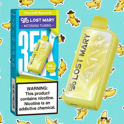 Lost Mary vaping device and packaging with nicotine warning label.
