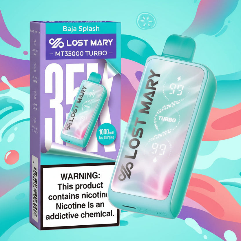 Lost Mary vaping device with packaging and nicotine warning label on a white background