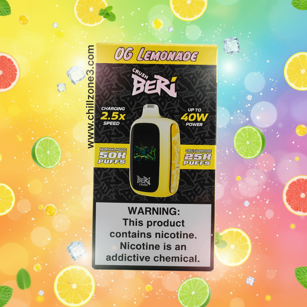 Packaging of a vaping device with branding and product details on a gray background
