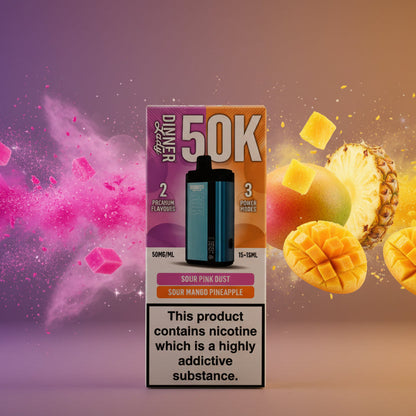 Vape device with packaging and fruit graphics on a colorful background