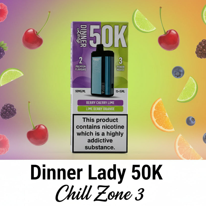 Dinner Lady 50K Chill Zone 3 vape device packaging with colorful fruit graphics on a gradient background
