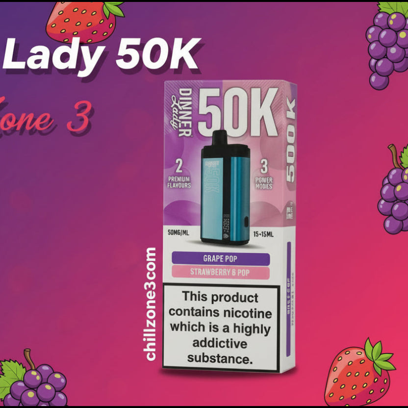 Dinner Lady 50K vape device packaging with fruit graphics on a gradient background