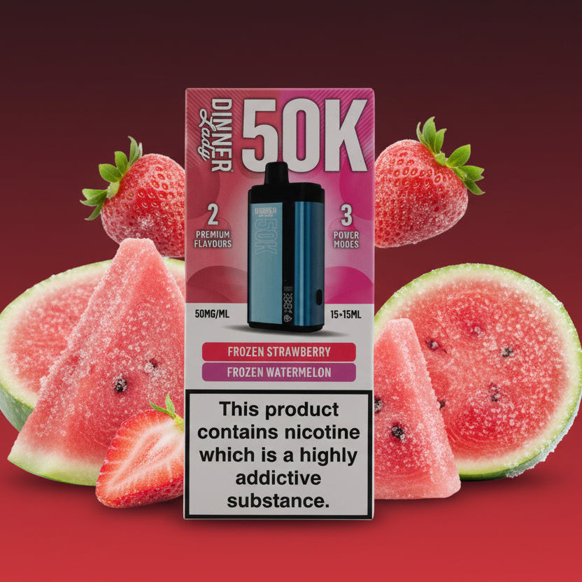 Dinner Lady 50K vape device packaging with watermelon and strawberry slices on a red background