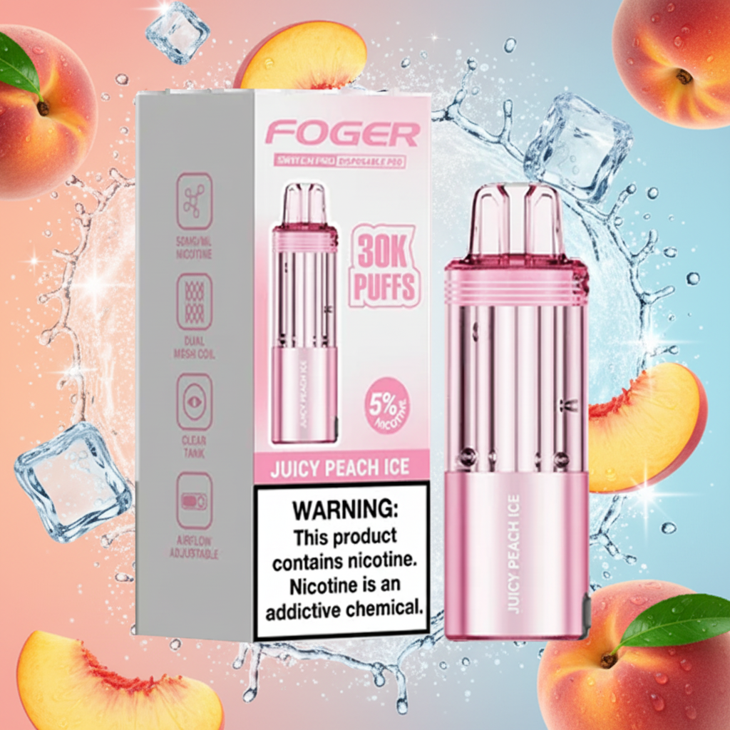 Pink vape device with 'Foger' packaging on a white background