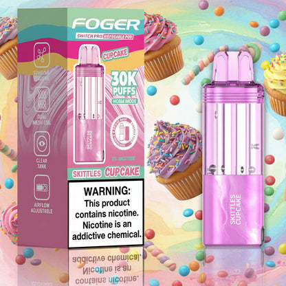 Pink vape device with 'FOGER' packaging and Skittles Cupcake flavor label on a white background.