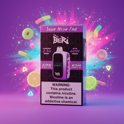 Vape device packaging with branding and specifications on a gray background
