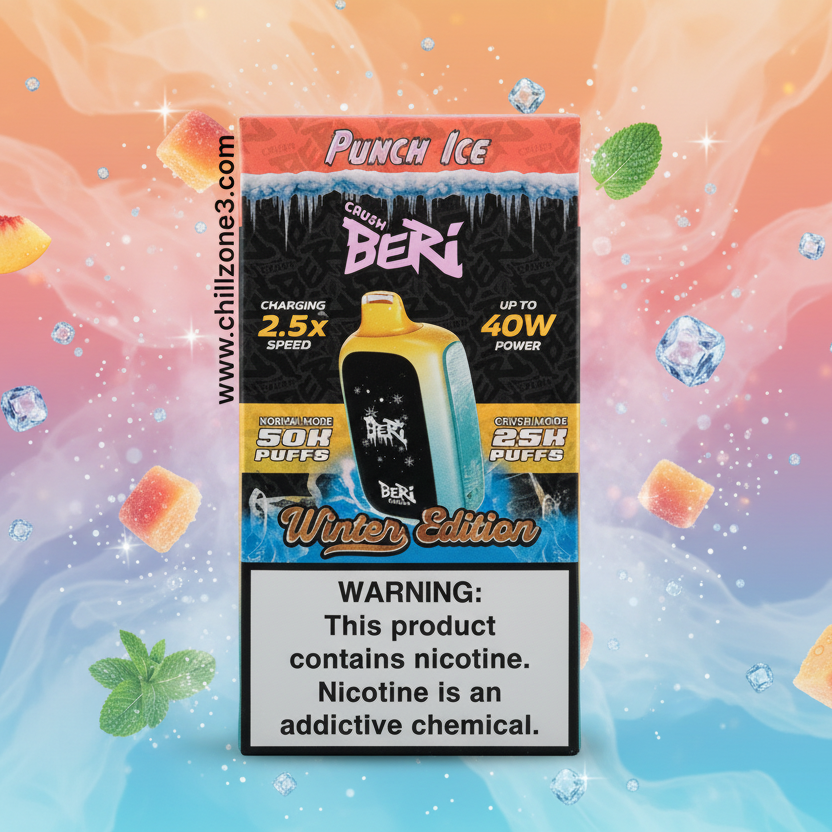 Punch Ice vape device packaging with colorful background