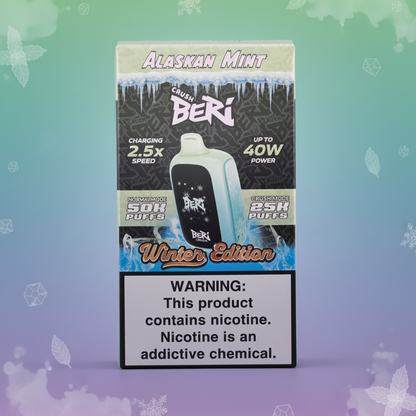 Vape device packaging with 'Alaskan Mint' flavor and 'Winter Edition' label on a gray background.