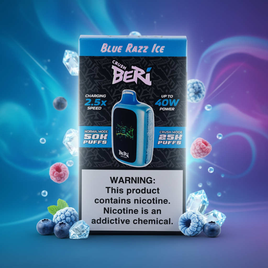Cren Beri vape device packaging with nicotine warning on a gray background