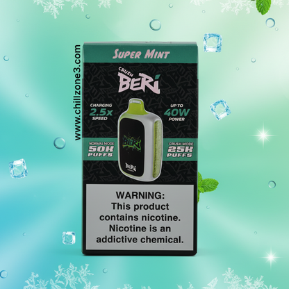 Vaping device packaging with brand name and product features on a gray background