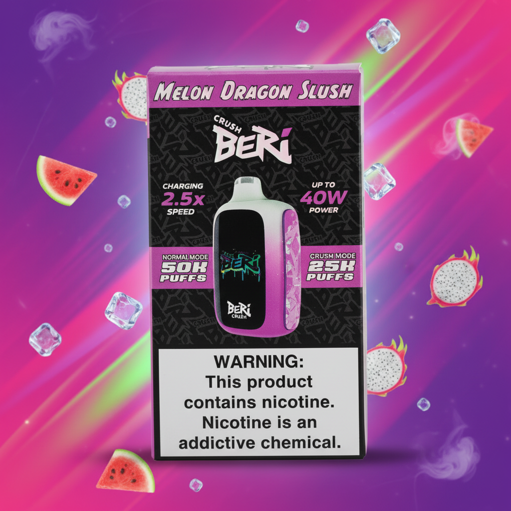 Beré vape device packaging with purple and black design on a gray background