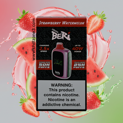 Beri vape device packaging with strawberry watermelon flavor on a gray background