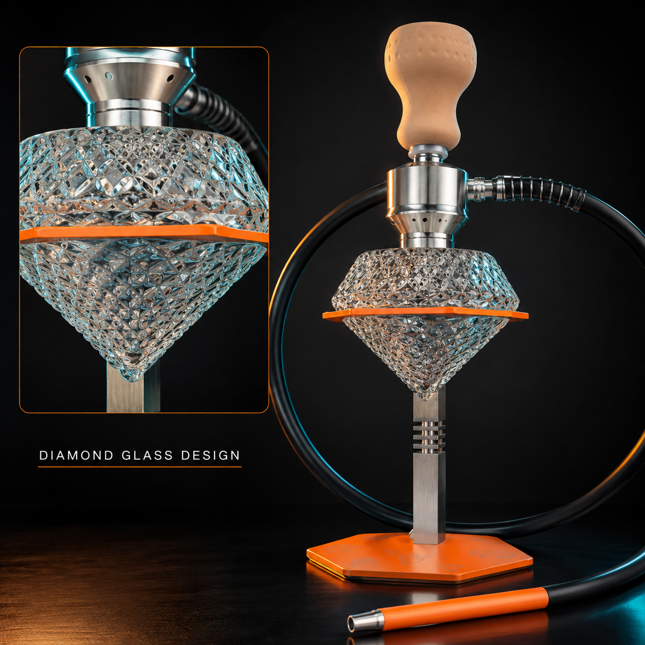 Premium Orange Diamond Glass Hookah with Silicone Hose