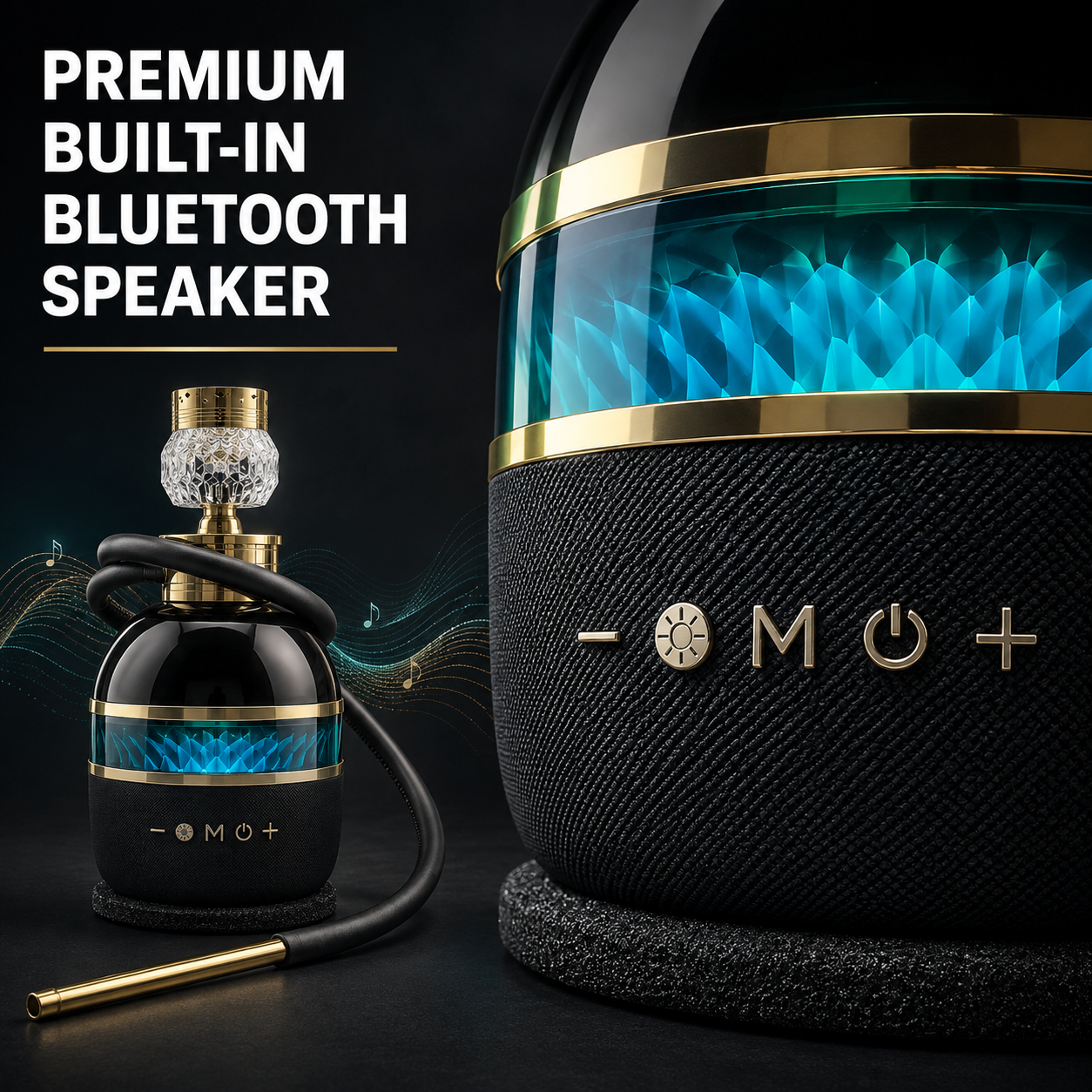 Premium Black & Gold Hookah with Bluetooth Speaker and LED Lights