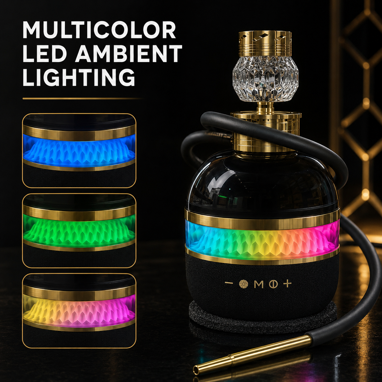 Premium Black & Gold Hookah with Bluetooth Speaker and LED Lights
