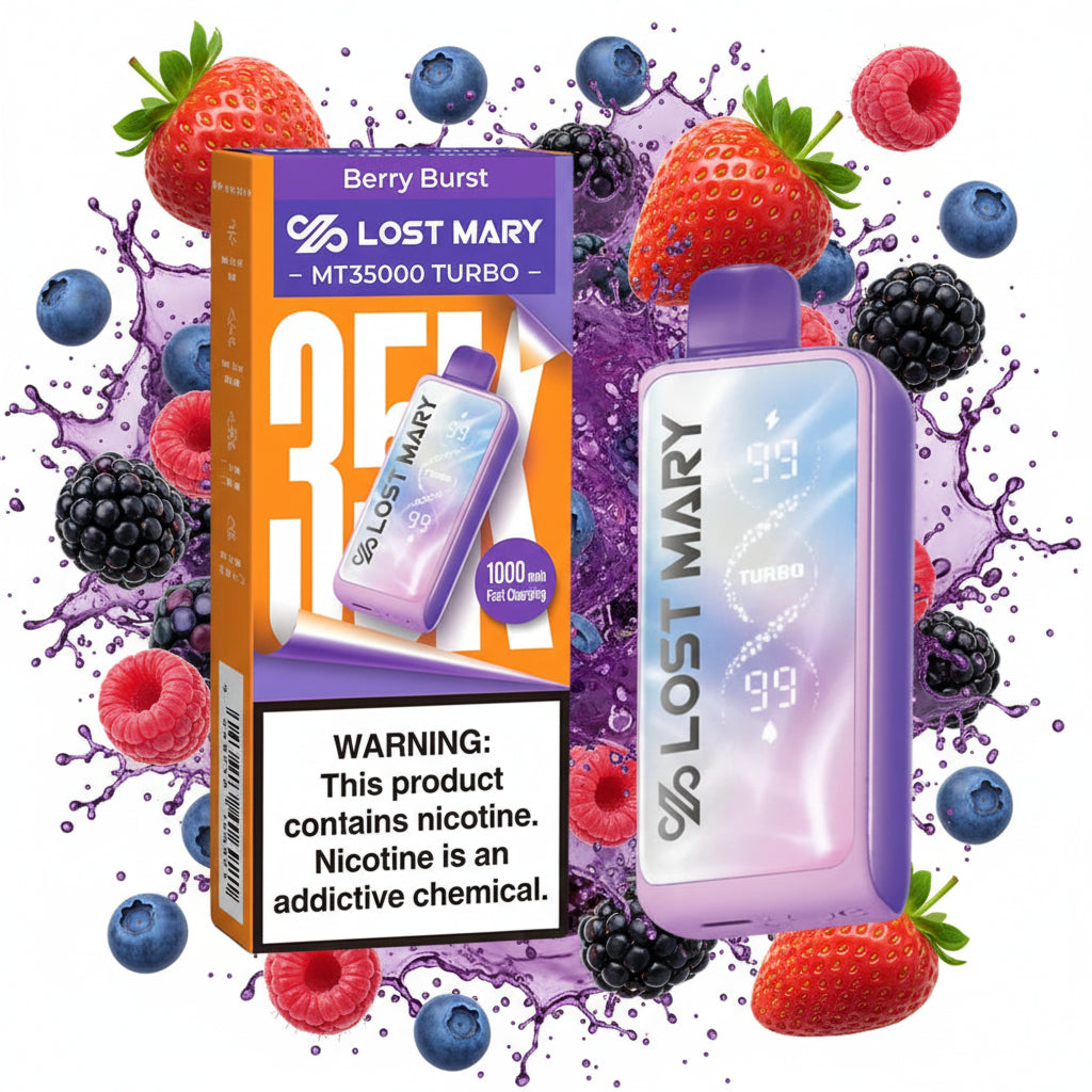 Lost Mary vaping device and packaging on a white background