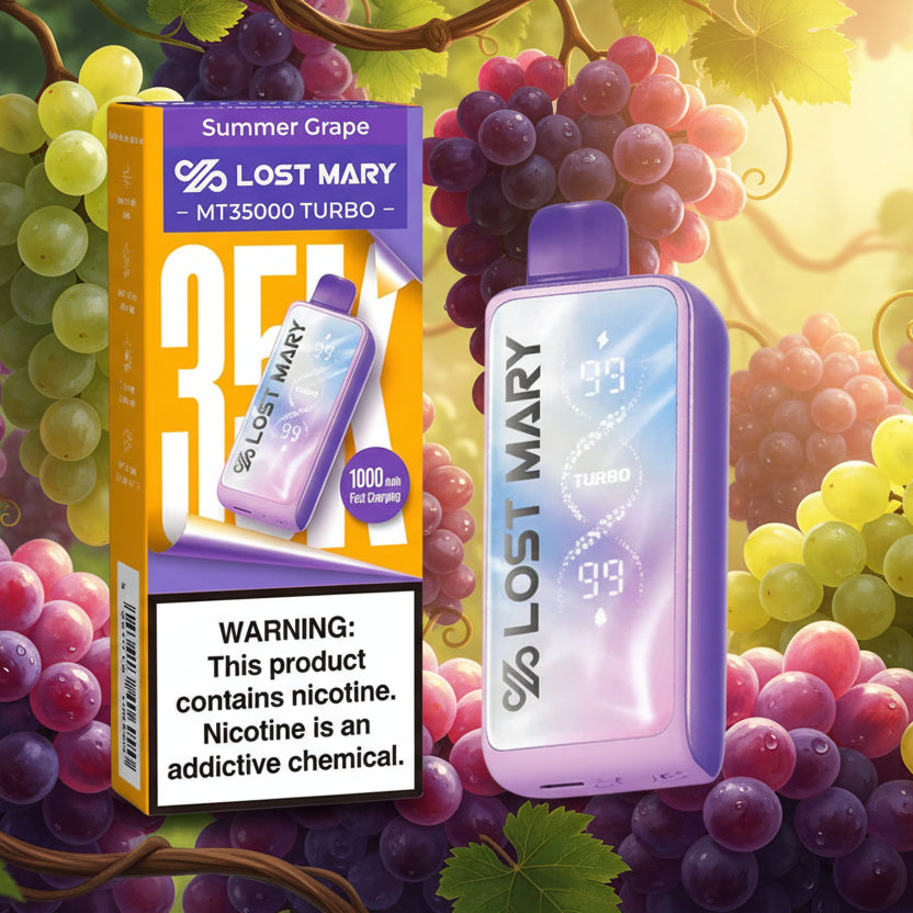 Lost Mary vaping device and packaging on a white background