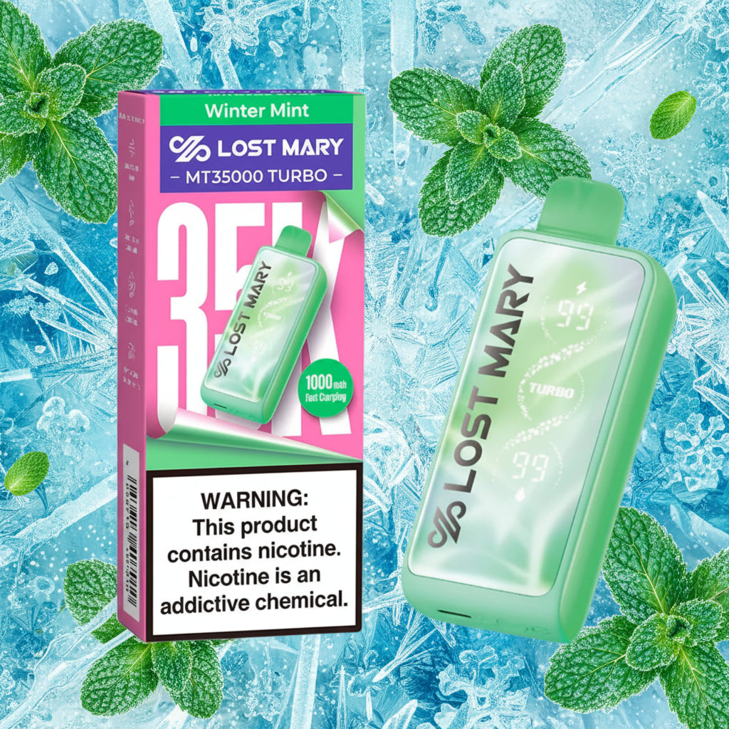Lost Mary vape device and packaging with warning label on a white background