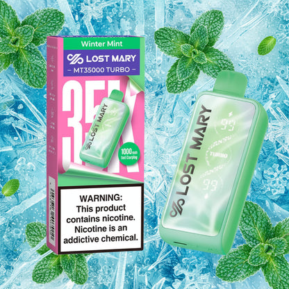 Lost Mary vape device and packaging with warning label on a white background