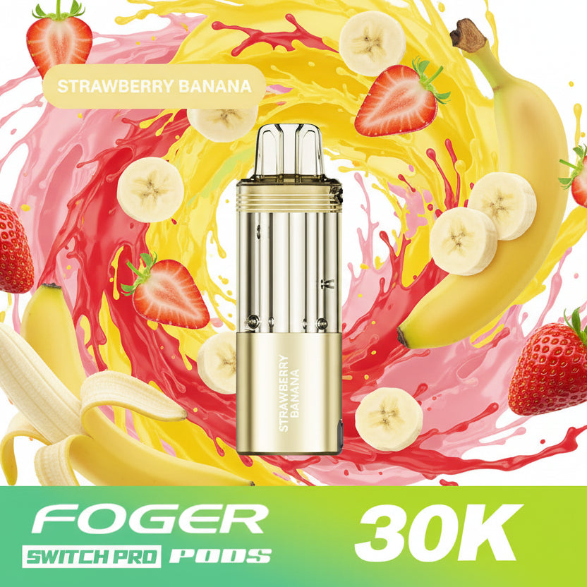 Gold vape pod with 'Strawberry Banana' flavor on a white background, featuring the Foger brand.