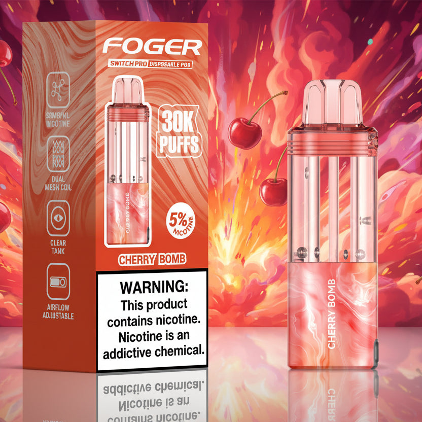 Foger Cherry Bomb vape device and packaging on a white background