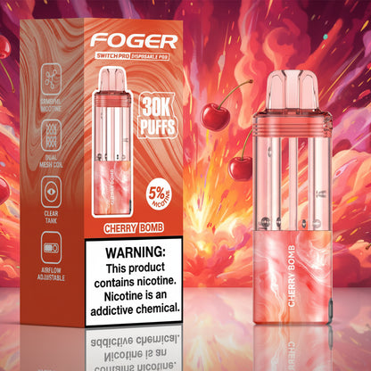Foger Cherry Bomb vape device and packaging on a white background