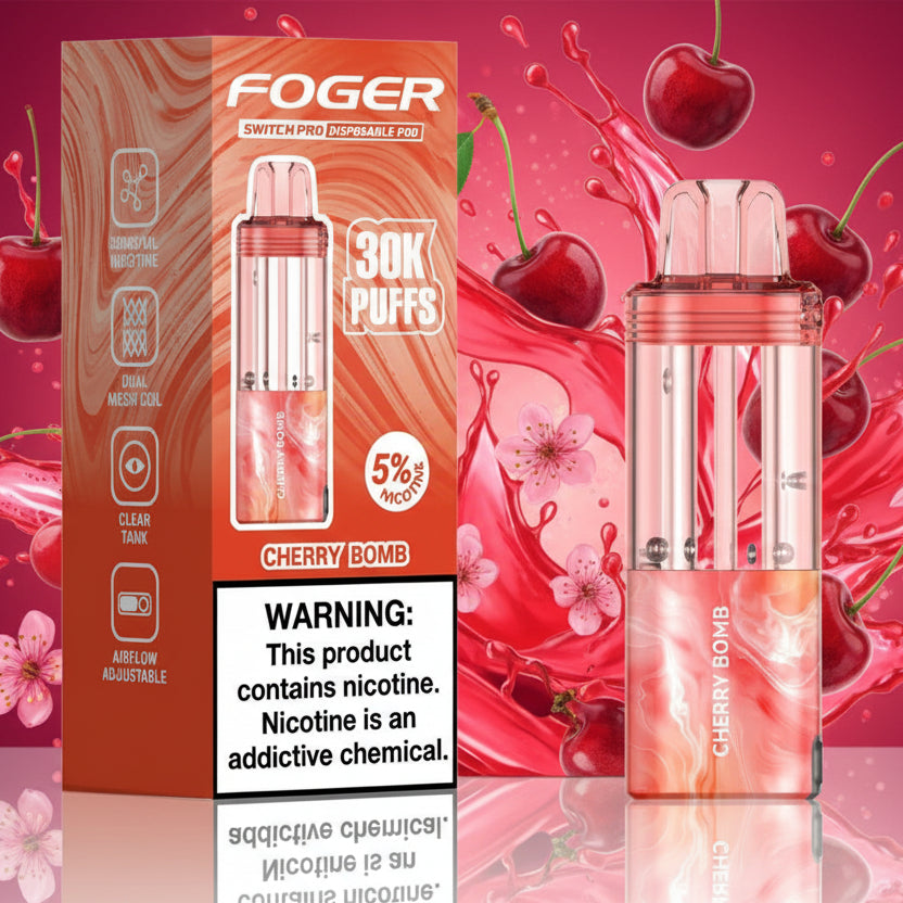 Foger Cherry Bomb vape device and packaging on a white background