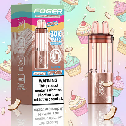 Foger disposable vape device with packaging featuring 'Chocolate Cupcake' flavor on a white background.