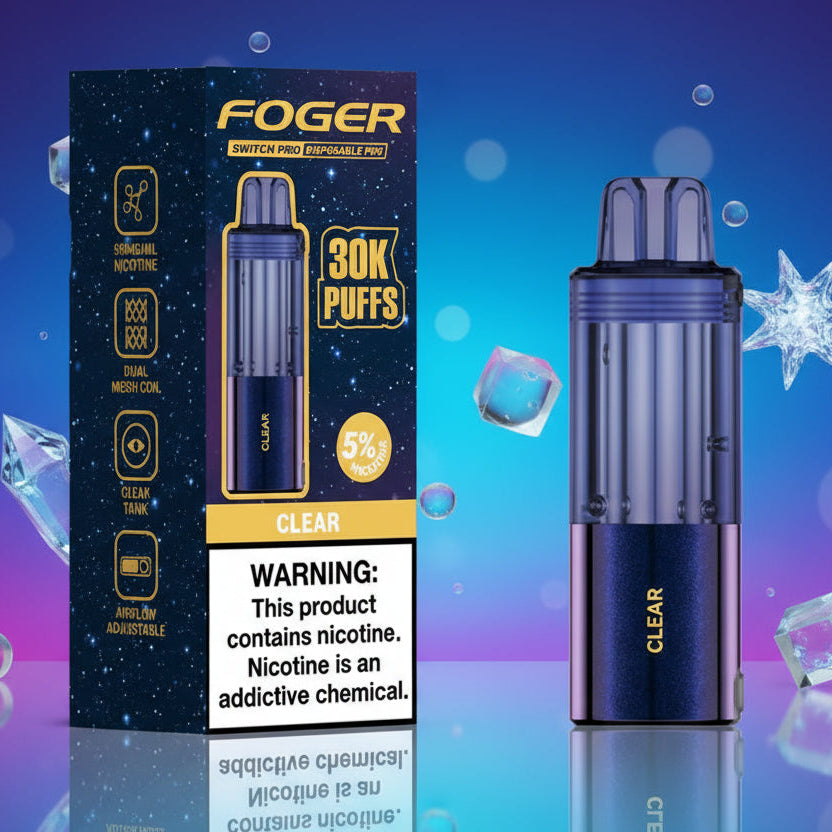 Foger vape device and packaging on a white background