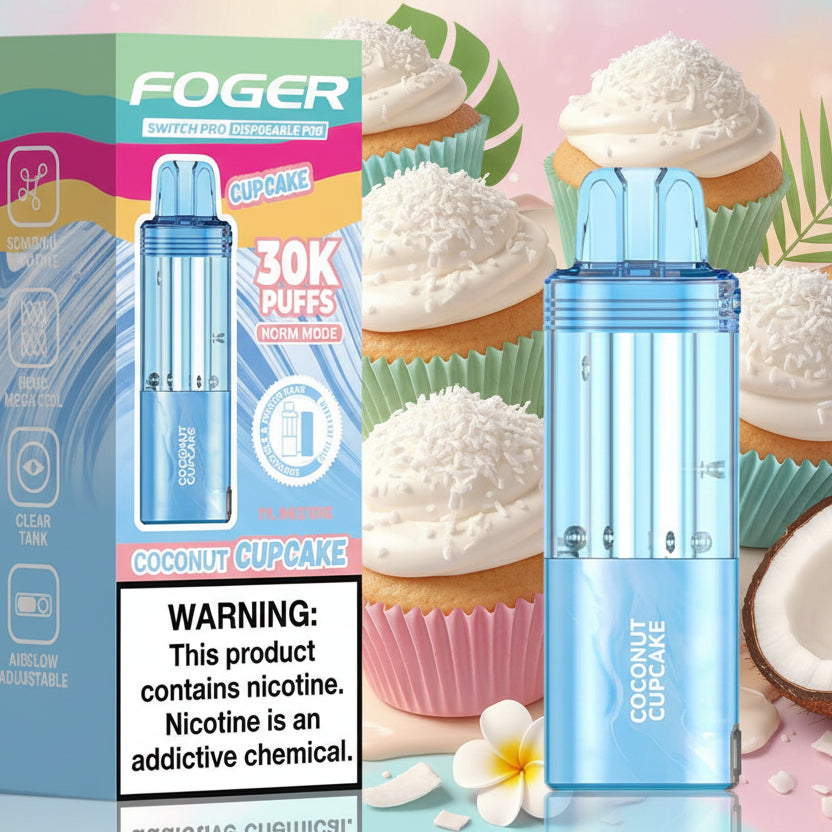Foger Switch Pro Pad Coconut Cupcake vape device and packaging on a white background