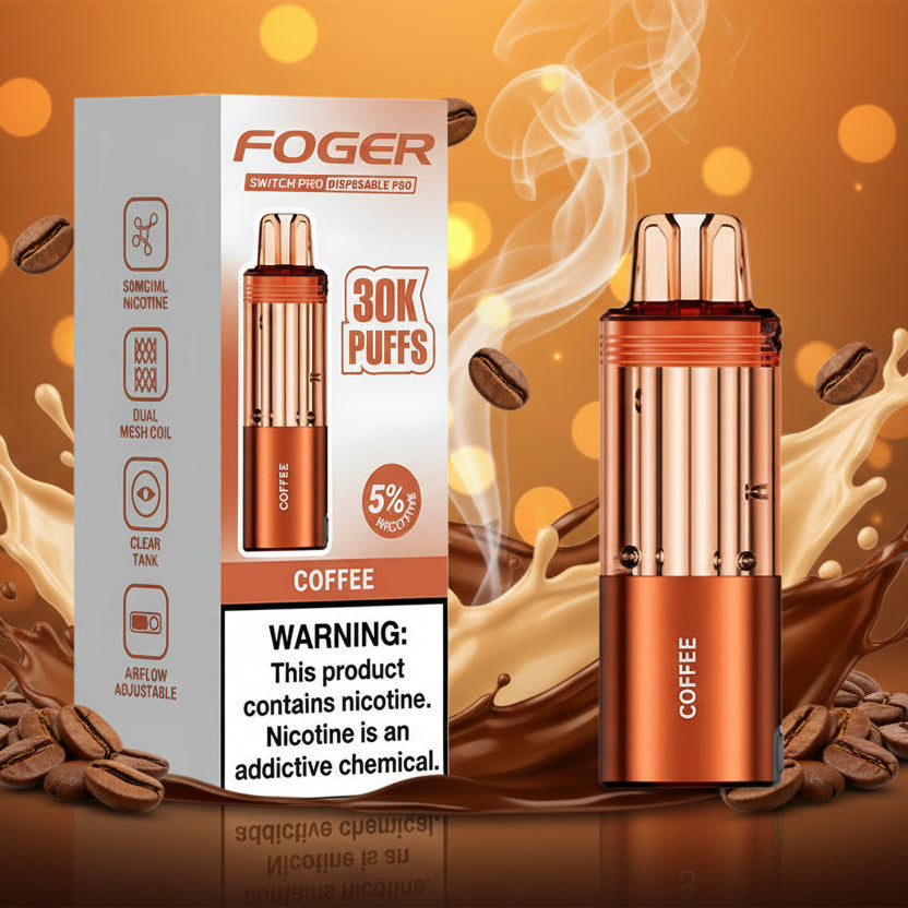 Foger coffee-flavored vape pod with packaging on a white background