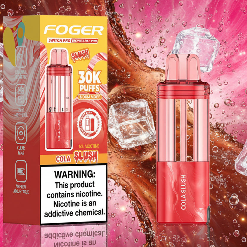 Red vape device with 'Cola Slush' flavor and packaging on a white background