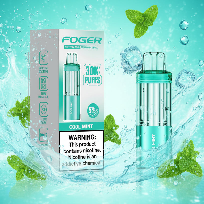 Teal vape device with packaging labeled 'Foger' on a white background