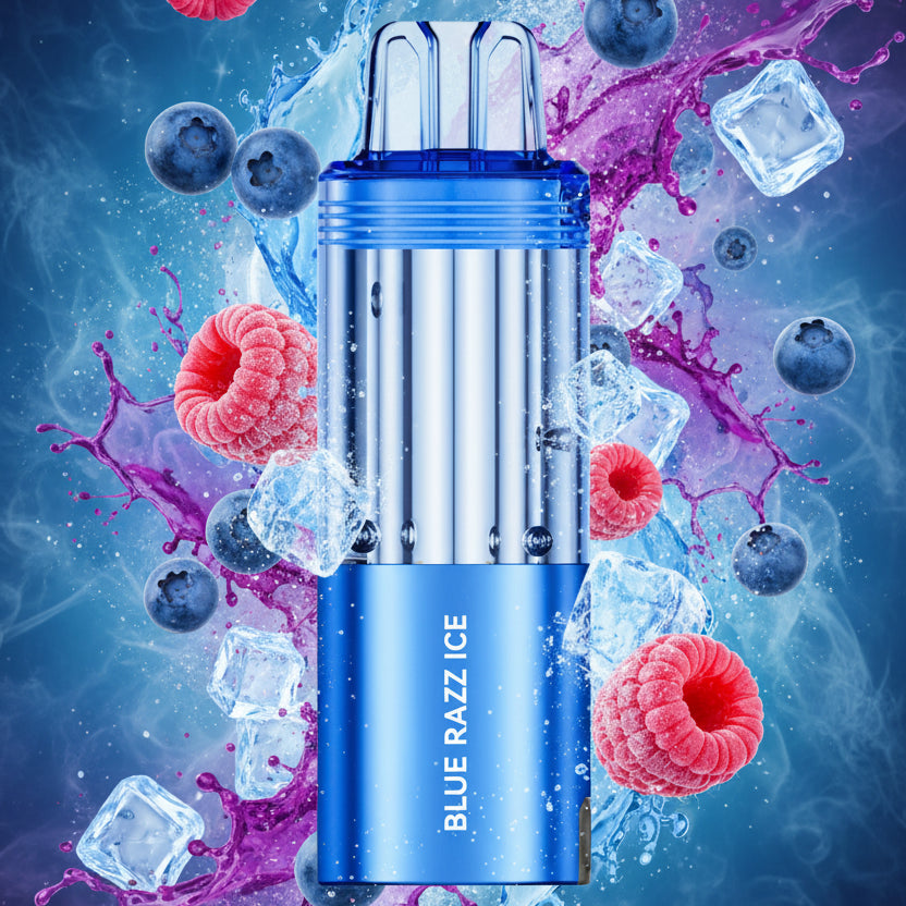 Blue vape pen with 'Blue Razz Ice' text on a white background