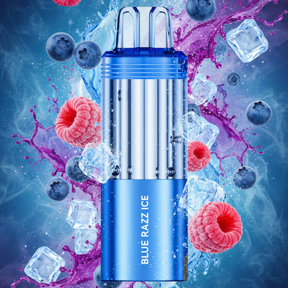 Blue vape pen with 'Blue Razz Ice' text on a white background