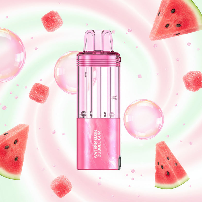 Pink vape device with 'Watermelon Bubble Gum' text on a white background