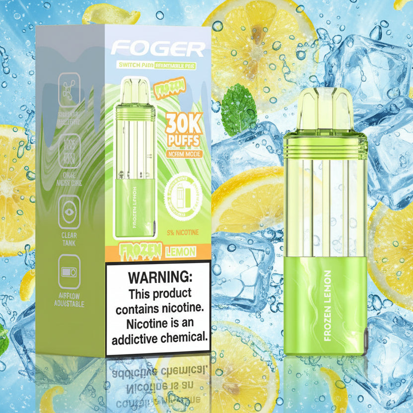 FOGER vape device and packaging with 'Frozen Lemon' flavor on a white background
