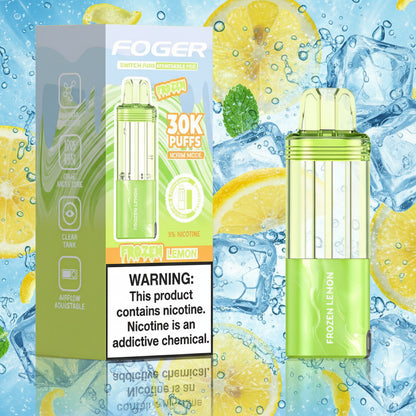 FOGER vape device and packaging with 'Frozen Lemon' flavor on a white background