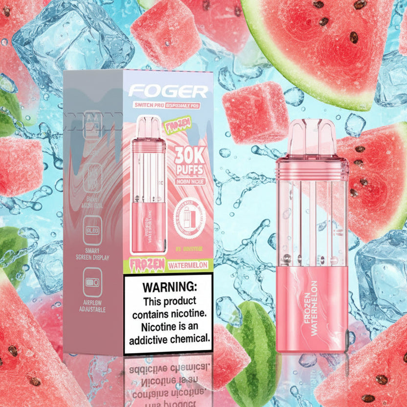 Pink vape pen with packaging displaying 'FOGER' brand on a white background