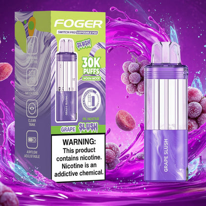 Purple vape device with packaging labeled 'FOGER' on a white background