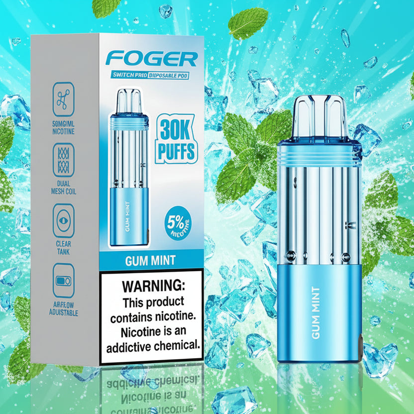 Foger gum mint vape pen with packaging on a white background