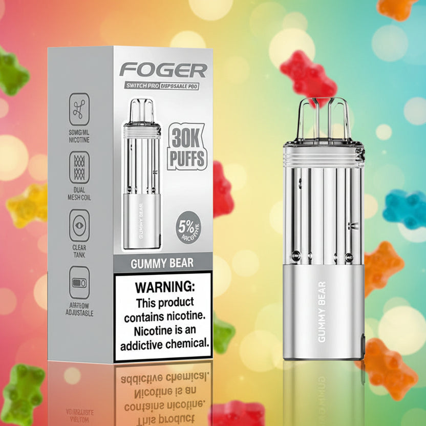 Foger Switch Pro disposable vape with packaging displaying product details and a warning label.