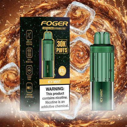 Green vape device with 'Foger' packaging on a white background