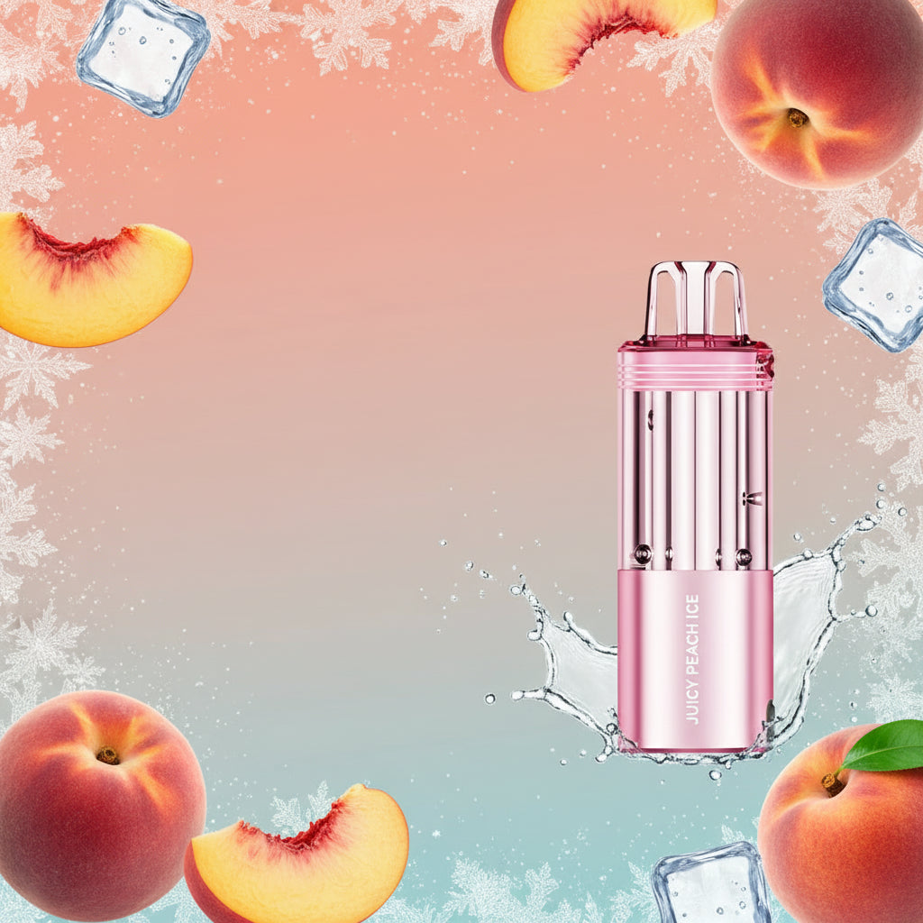 Pink vape pen with 'FOGER' branding and 'Juicy Peach Ice' flavor on a white background.