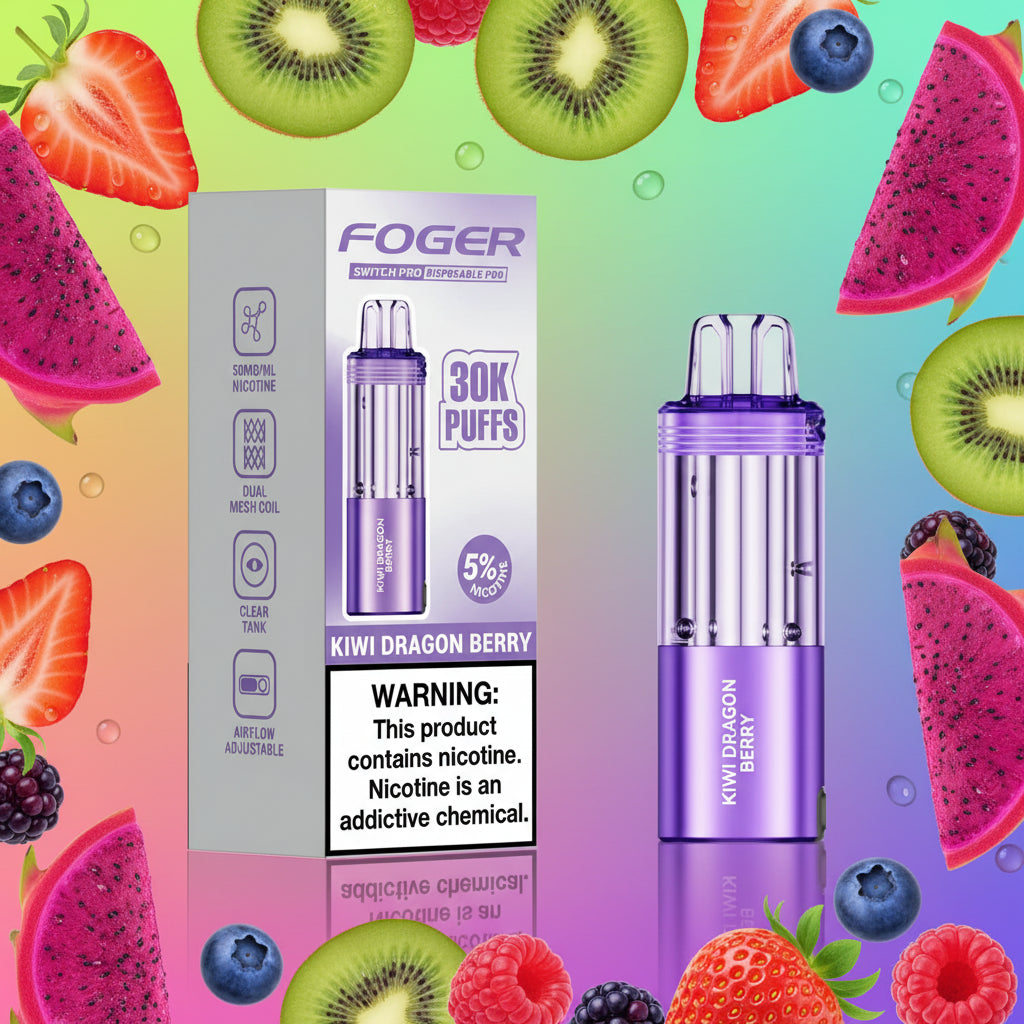 Purple vape pen with packaging labeled 'Foger' on a white background