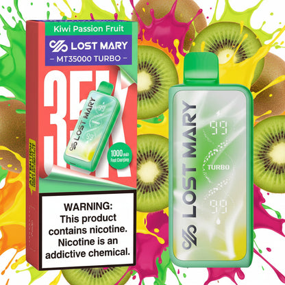 Lost Mary vape device and packaging with kiwi passion fruit flavor on a white background