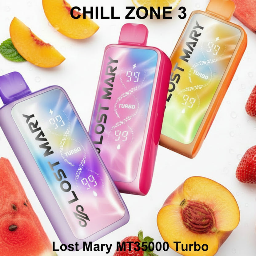 Three colorful 'Lost Mary' vape devices on a white background
